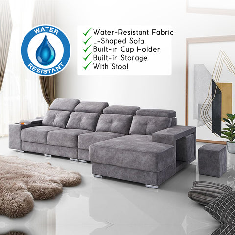 Image of Hedwig L-Shaped Sofa Water Resistant Fabric in Grey Colour