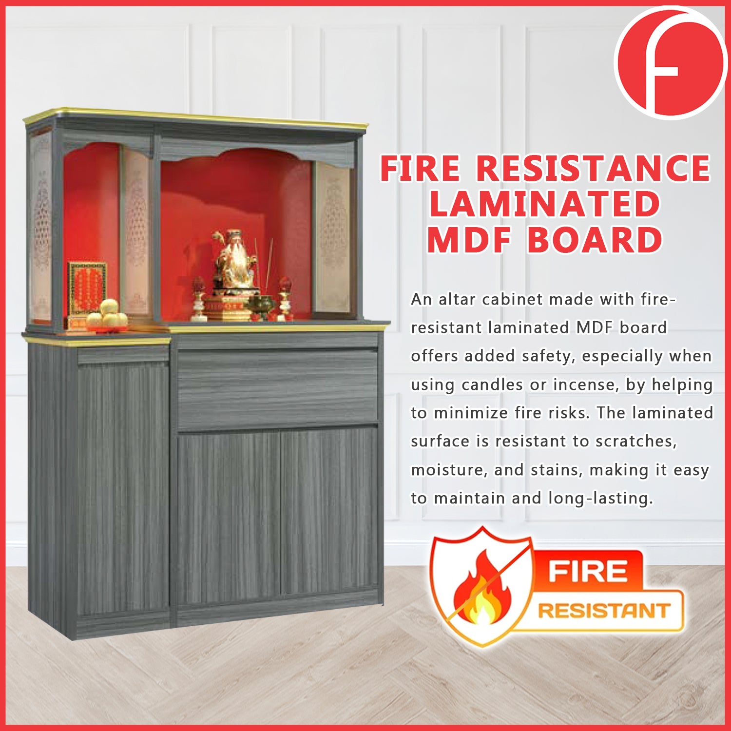 Chase Oriental Altar Table with Top Altar Cabinet Fire Resistant Laminated MDF Board