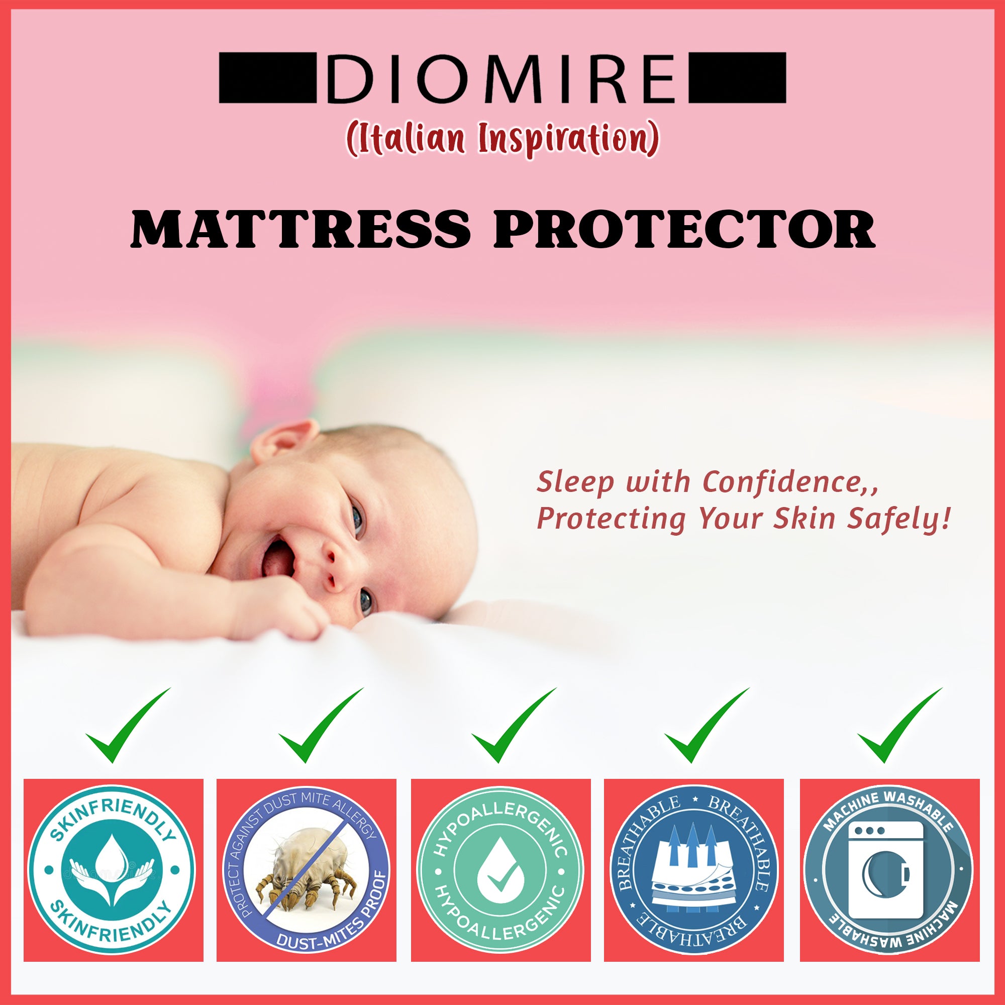 Diomire Mattress Protector Anti Dust-mite Mattress Topper with Elastic Band - All Sizes Available