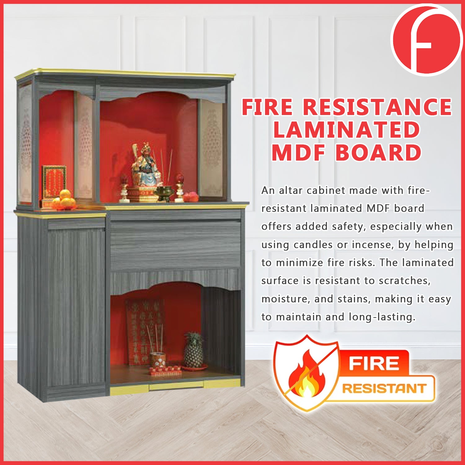 Bowen Oriental Altar Table with Top Altar Cabinet Fire Resistant Laminated Board