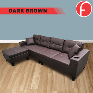 Janra Reversible Sofa in Dark Brown Faux Leather w/ Cup Holder
