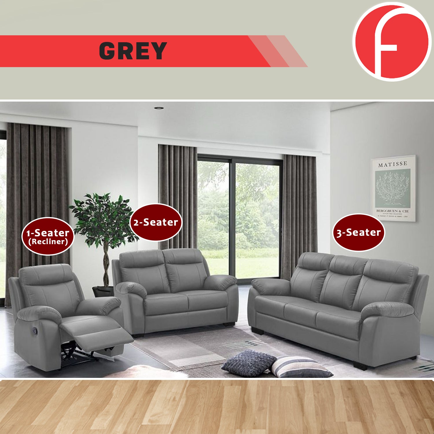 Janie Single Recliner with 2+3-Seater Sofa Set PU Leather in Grey Colour