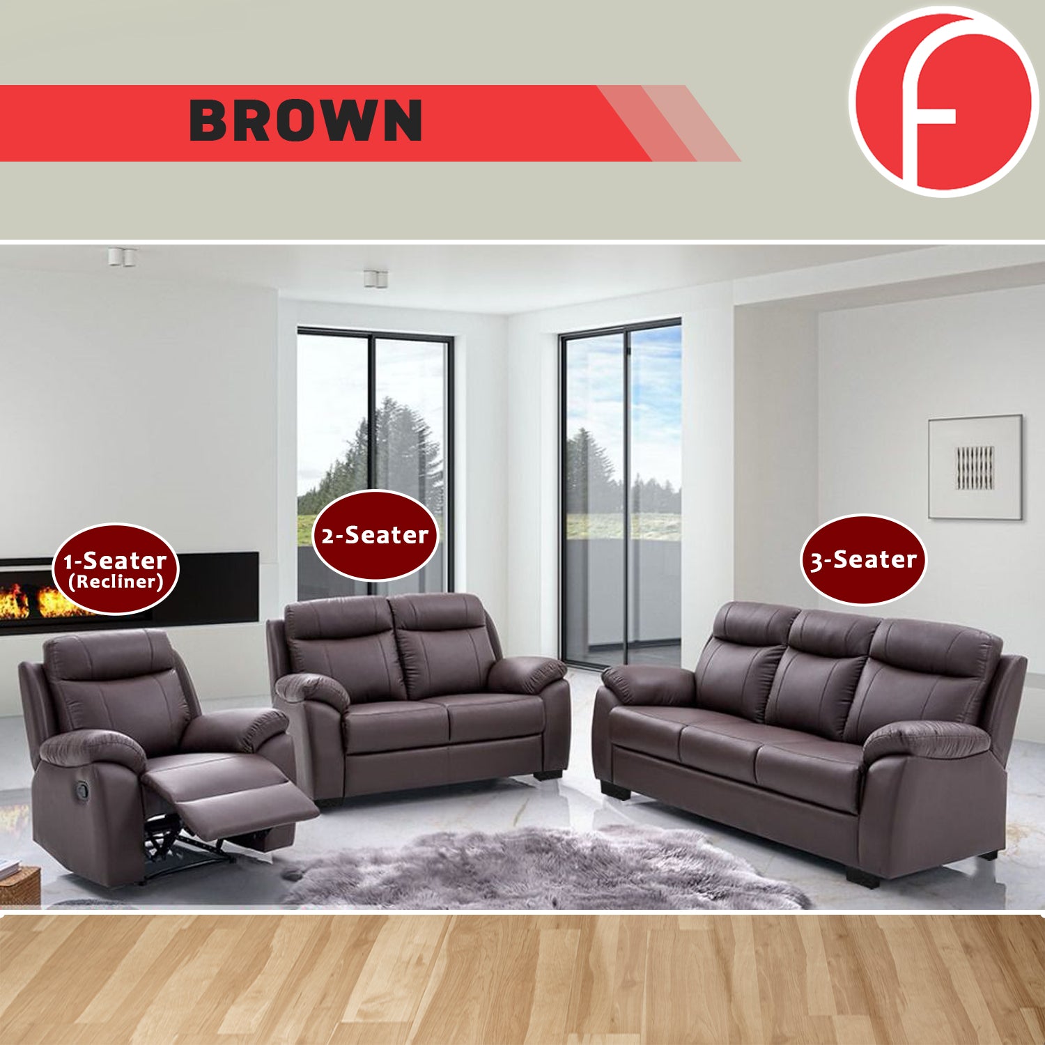 Janie Single Recliner with 2+3-Seater Sofa Set PU Leather in Brown Colour