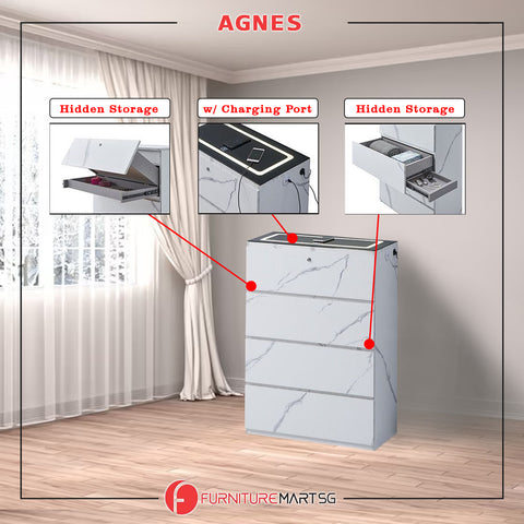 Image of Agnes Series Chest of Drawer with Charging Port and Hidden Compartment in Marble White