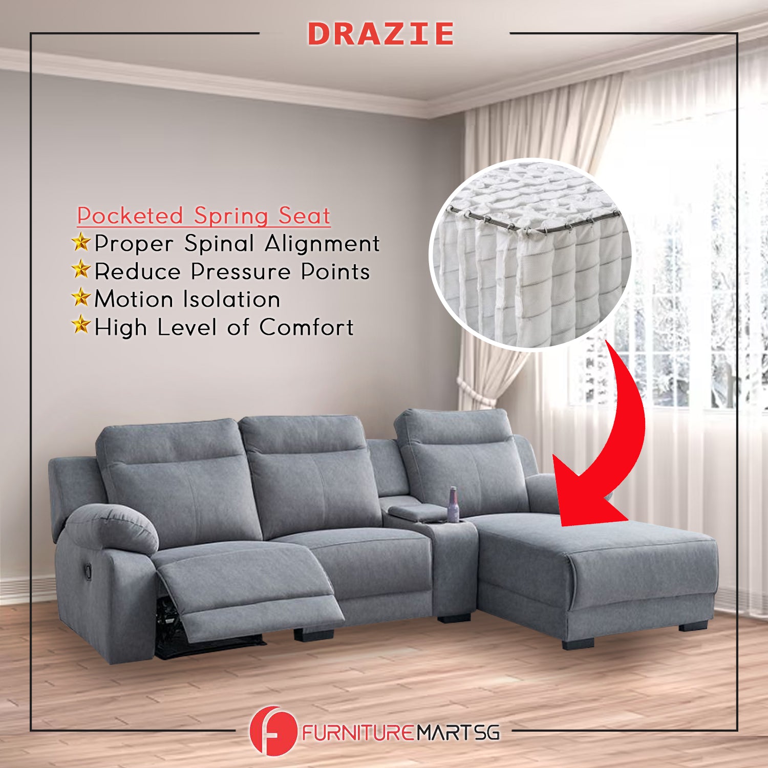 Drazie L-shaped Reclining Sofa Pocketed Spring & Coffee Table in Claw Resistant Pet-Friendly Fabric/Leather