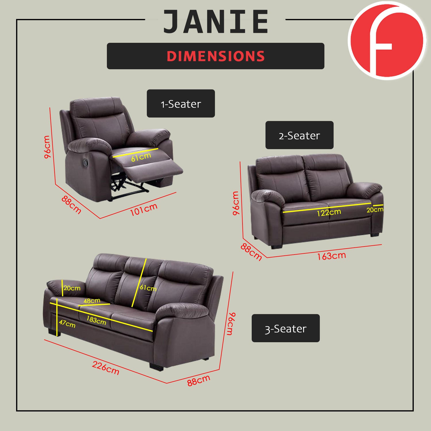 Janie Single Recliner with 2+3-Seater Sofa Set PU Leather in Brown Colour