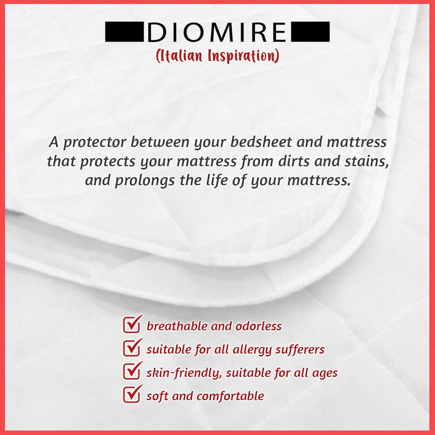 Diomire Mattress Protector Anti Dust-mite Mattress Topper with Elastic Band - All Sizes Available