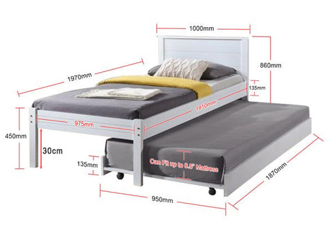 Image of Isla Solid Rubberwood Bed Frame Flat Plywood Base with Pull-out Bed in Single White Color w/ Mattress Option