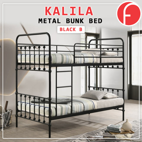 Image of Kalila Metal Double Decker Bed Frame With Mattress + Pillow Package In Black & White Color