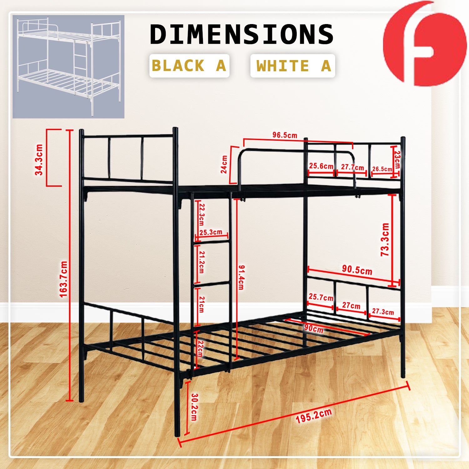 Kalila Metal Double Decker Bed Frame With Mattress Package In Black & White Color