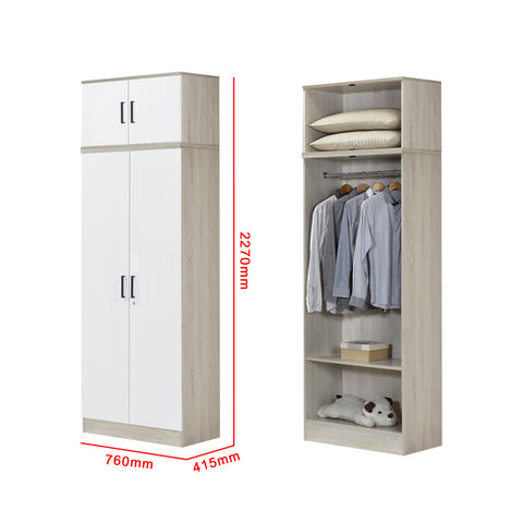 Image of Poland Series 2 Door Tall Wardrobe with Top Cabinet in Natural & White Colour