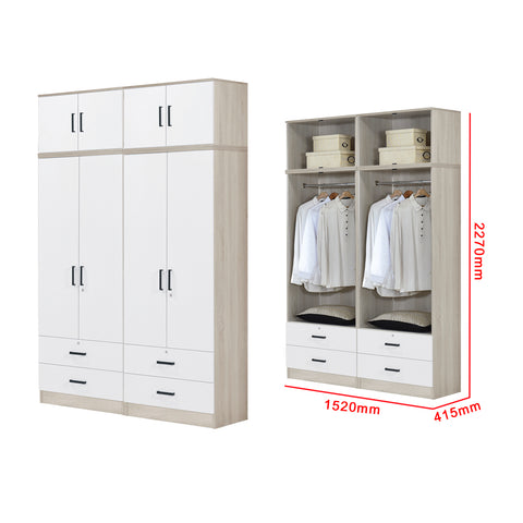 Image of Poland Series 4 Door Tall Wardrobe with 4 Drawers and Top Cabinet in Natural & White Colour