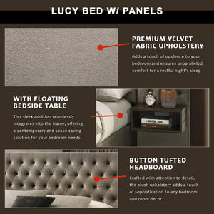 Lucy Queen/King Bed Frame Button Tufted with Side Panels & Floating Side Table in Grey Velvet Fabric