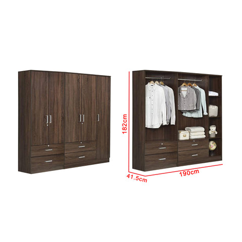Image of Berlin Series 5 Door with 4 Drawers Soft Closing Wardrobe in Columbia Walnut Colour