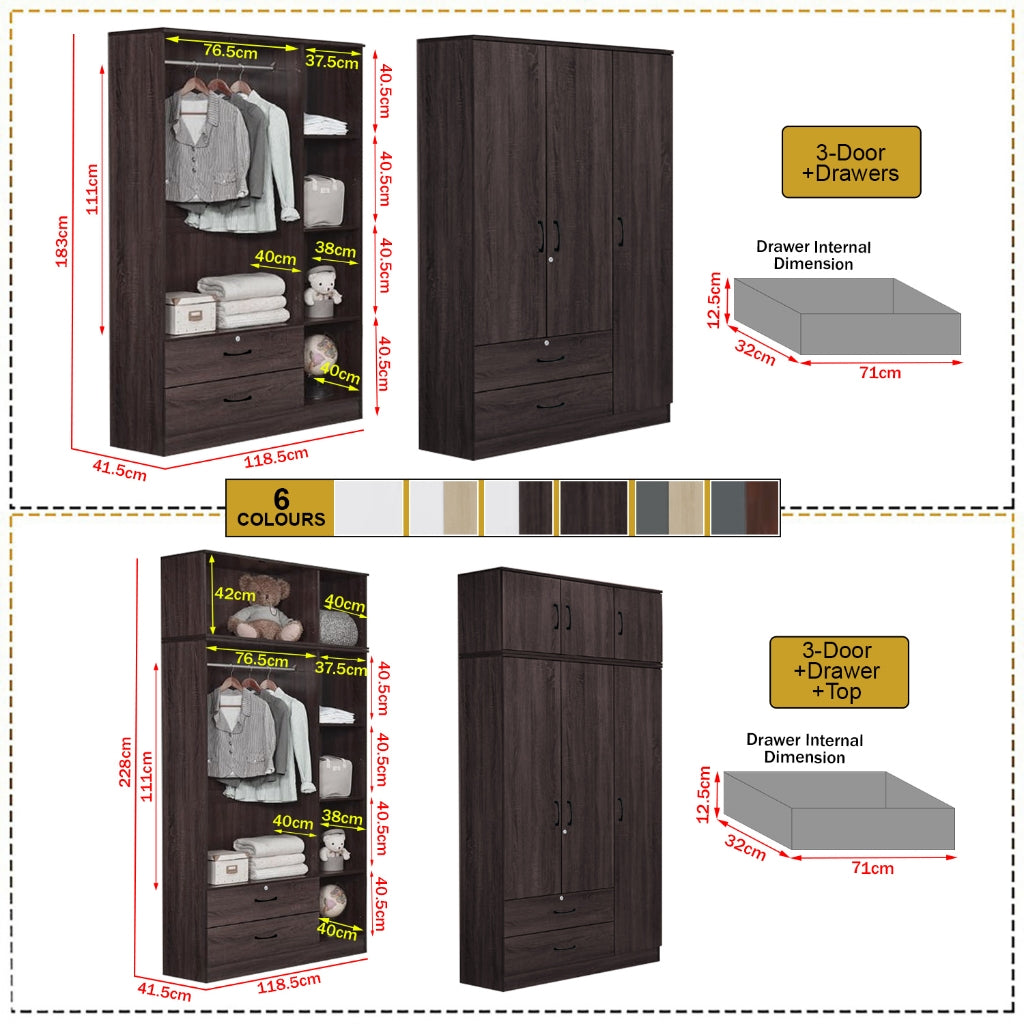 BERLIN Series 1/2/3/4/5 Doors Tall Wardrobe with Drawers and Top Cabinet in 6 Colours