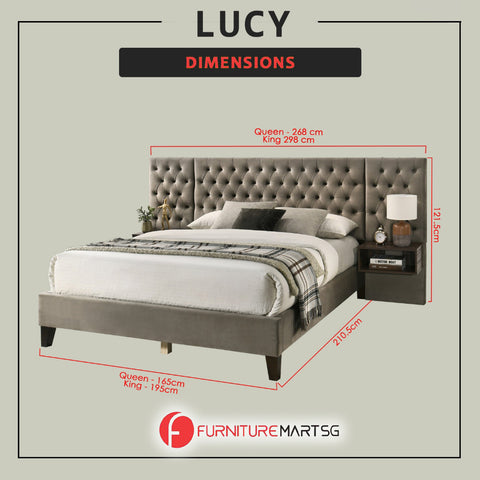 Image of Lucy Queen/King Bed Frame Button Tufted with Side Panels & Floating Side Table in Grey Velvet Fabric