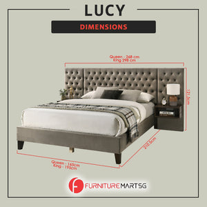 Lucy Queen/King Bed Frame Button Tufted with Side Panels & Floating Side Table in Grey Velvet Fabric