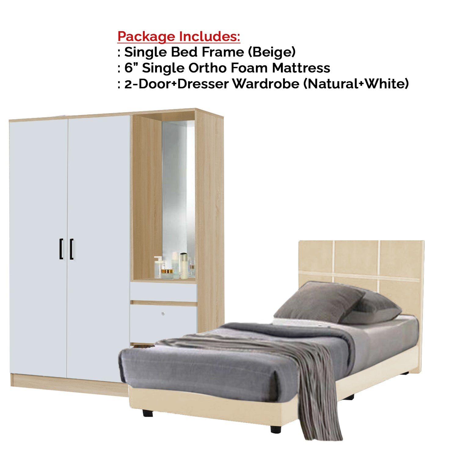 Toluca Bedroom Set Series 4 Includes Wardrobe/Bed Frame/Mattress In Single And Super Single Size.Free Installation