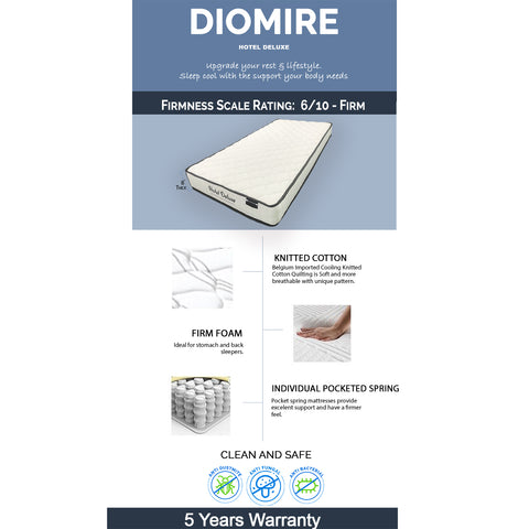 Image of Diomire Hotel Deluxe Pocketed Spring 8" Mattress. All Sizes Available