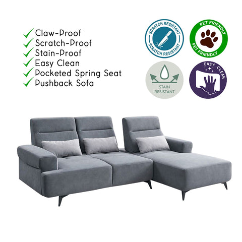 Image of Puffie Pet-Friendly L-shaped Pushback Sofa Pocketed Spring Seat in Grey Colour