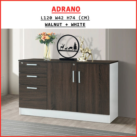 Image of Adrano Sideboard Cabinet Storage Furniture With 3 Drawers 2 Doors with Soft Closing Hinges.