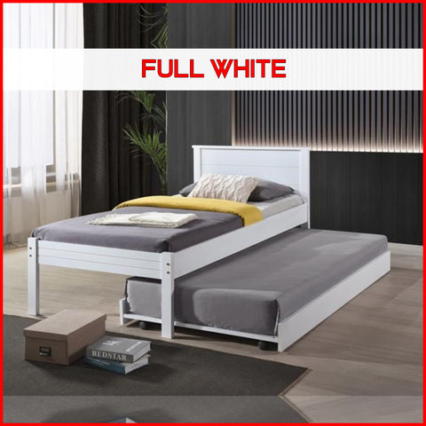 Image of Isla Solid Rubberwood Bed Frame Flat Plywood Base with Pull-out Bed in Single White Color w/ Mattress Option