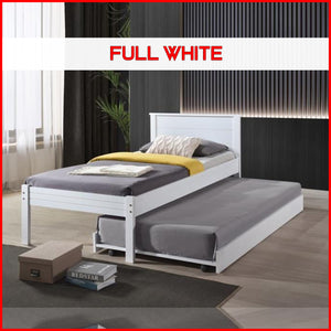 Isla Solid Rubberwood Bed Frame Flat Plywood Base with Pull-out Bed in Single White Color w/ Mattress Option