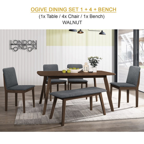 Image of OGIVE 1+4 Dining Set Table with Chair & Bench in Natural White & Walnut Color