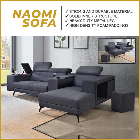 Image of Naomi L-Shaped Sofa with Stool and Storage Upholstered In Premium Grey Color Linen Fabric