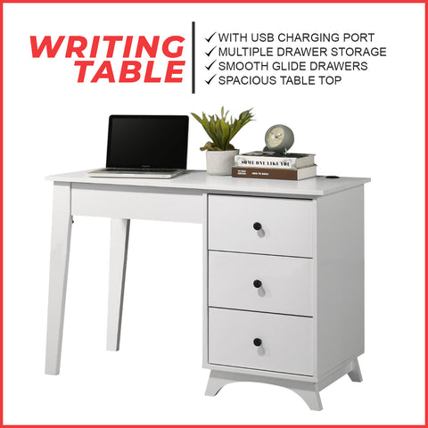 Image of Nicole Writing Study Computer Table with USB Charging Port in White Colour