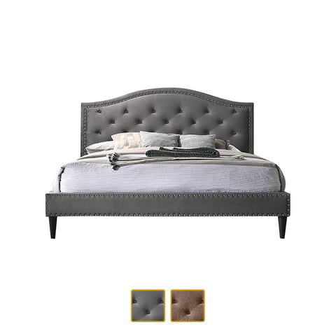 Image of Kaiser Queen Upholstered Tufted Platform Bed In Grey Velvet And Brown Fabric w/ Mattress Option