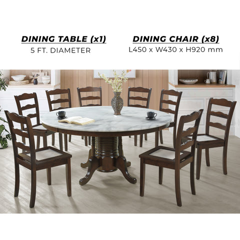 Image of Saniti Series 1+8 Natural Marble Dining Set Table with Chair in Walnut