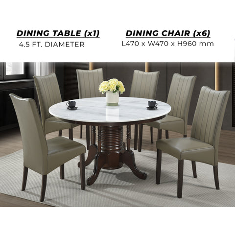 Image of Saniti Series 1+6 Natural Marble Dining Set Table with Grey Leather Chair