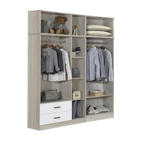 Image of Poland Series 5 Door Tall Wardrobe with 2 Drawers and Top Cabinet in Natural & White Colour