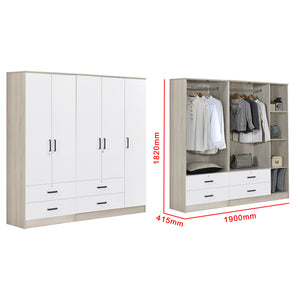Poland Series 5 Door Wardrobe with 4 Drawers in Natural & White Colour