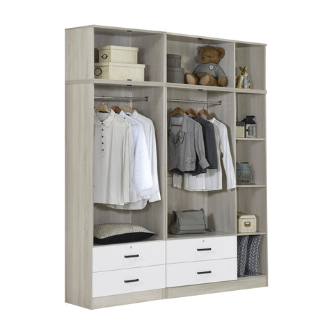 Image of Poland Series 5 Door Tall Wardrobe with 4 Drawers and Top Cabinet in Natural & White Colour