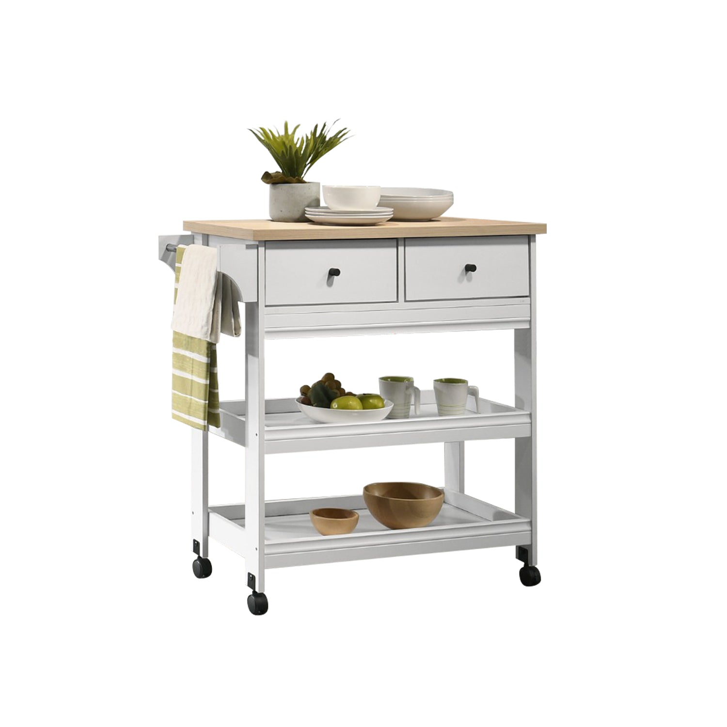 CAROL Series 2 Mobile Kitchen Island/Storage Cabinet 2 Drawer with 4 Wheel Trolley Pantry White Color Solid Table Top
