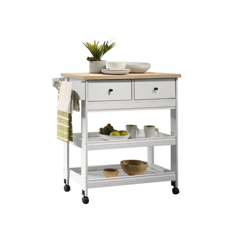Image of CAROL Series 2 Mobile Kitchen Island/Storage Cabinet 2 Drawer with 4 Wheel Trolley Pantry White Color Solid Table Top
