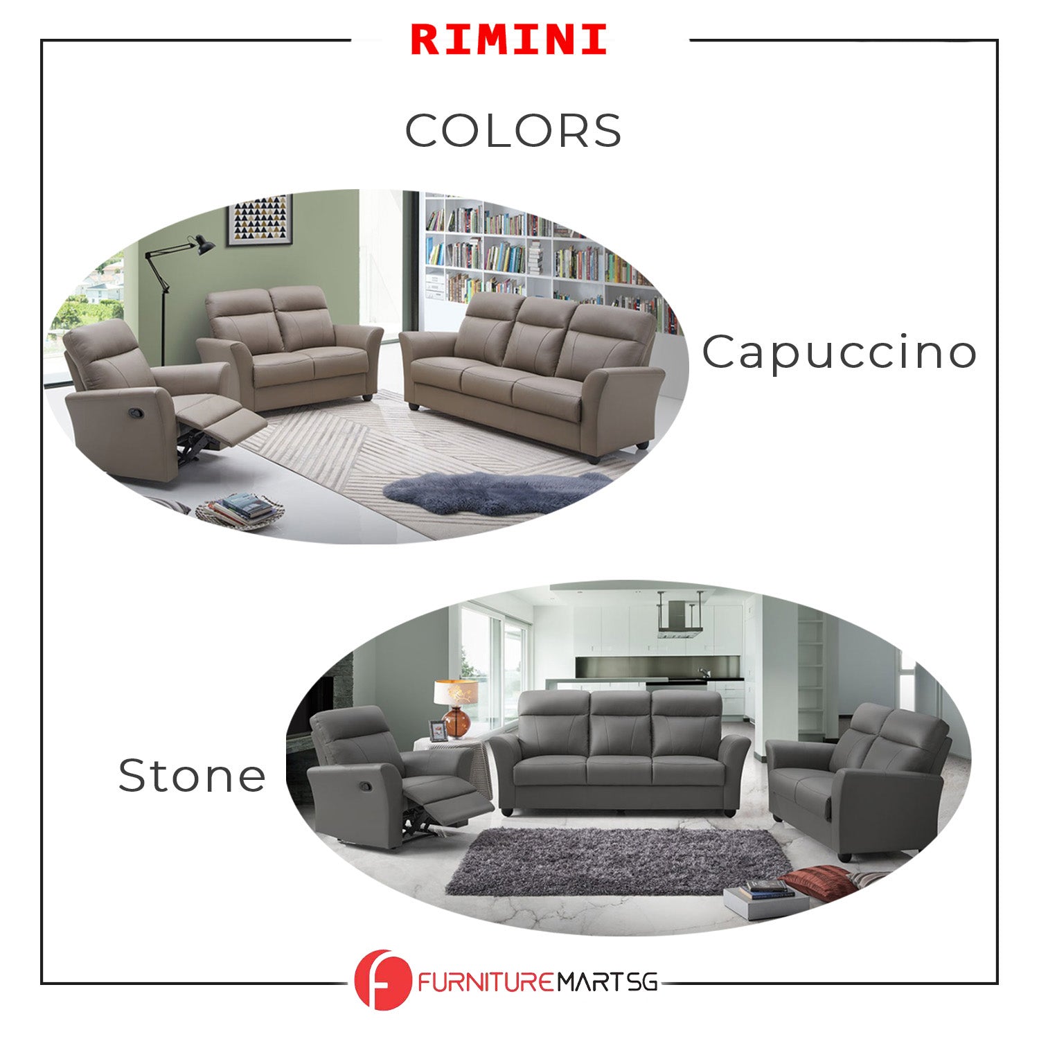 Rimini Series Half leather Recliner Sofa Set in Stone/Cappuccino Color.