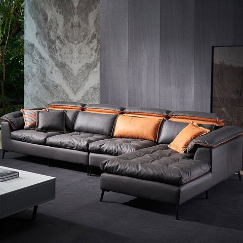 Image of Milan 3/4 Seater Faux Leather L Shaped Sofa In Grey/ Orange-Furnituremart.sg