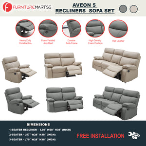 Aveon Half Leather Sofa 5 recliners  Sofa Set in Stone/Light Grey Color