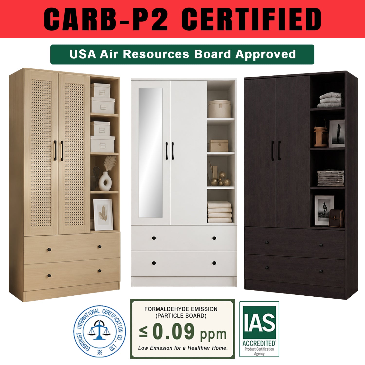 MIORI 2/3-Door Wooden Wardrobe Modern Clothes Cabinet with CARB-P2 Low Formaldehyde Board