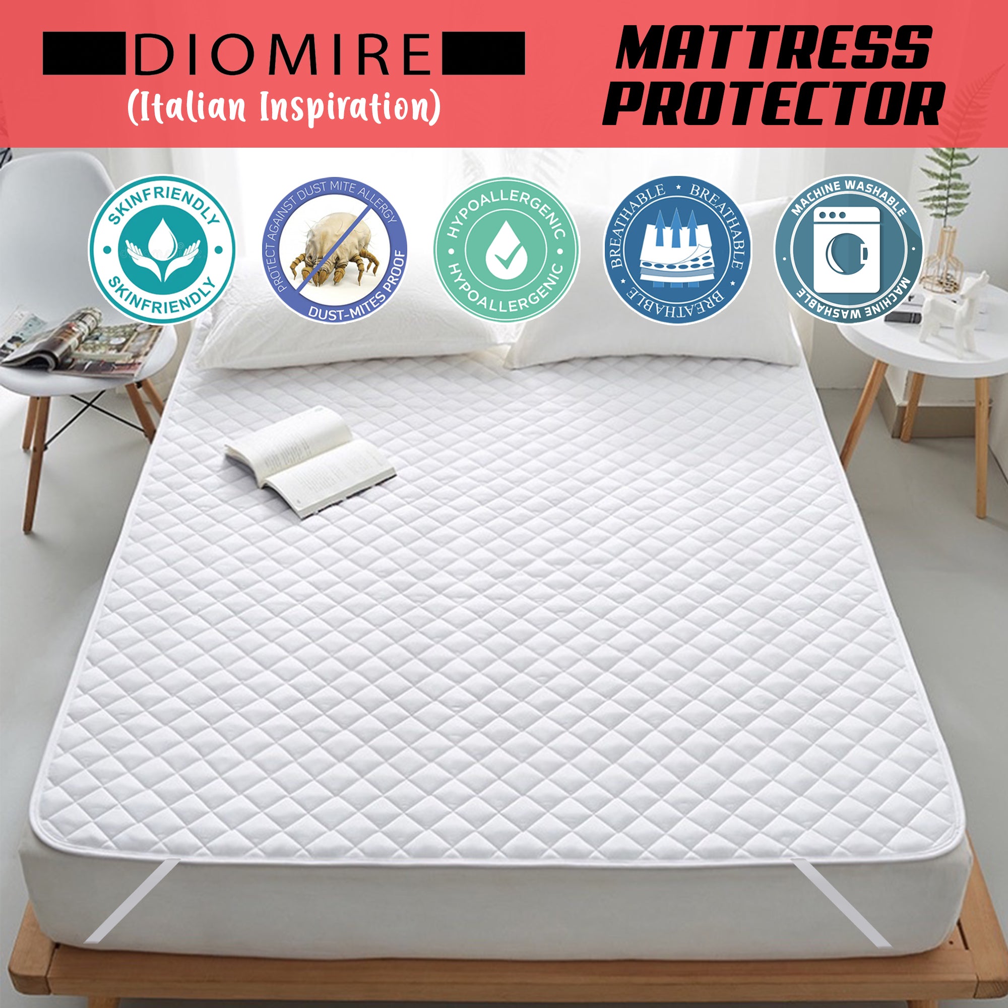 Diomire Mattress Protector Anti Dust-mite Mattress Topper with Elastic Band - All Sizes Available