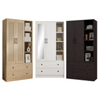 MIORI 2-Door Wooden Wardrobe Modern Clothes Cabinet with Hanging Rod, Drawer & Open Shelf