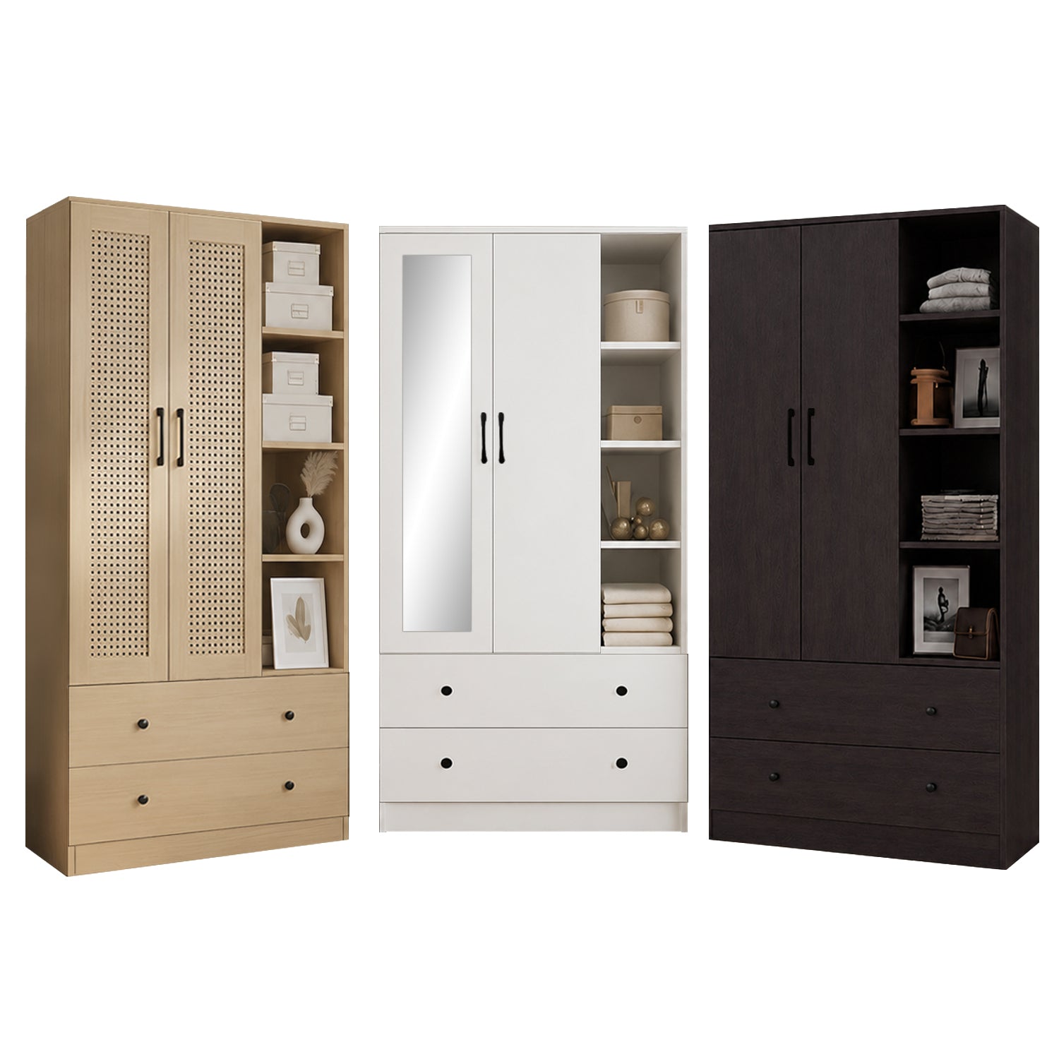 MIORI 2-Door Wooden Wardrobe Modern Clothes Cabinet with Hanging Rod, Drawer & Open Shelf