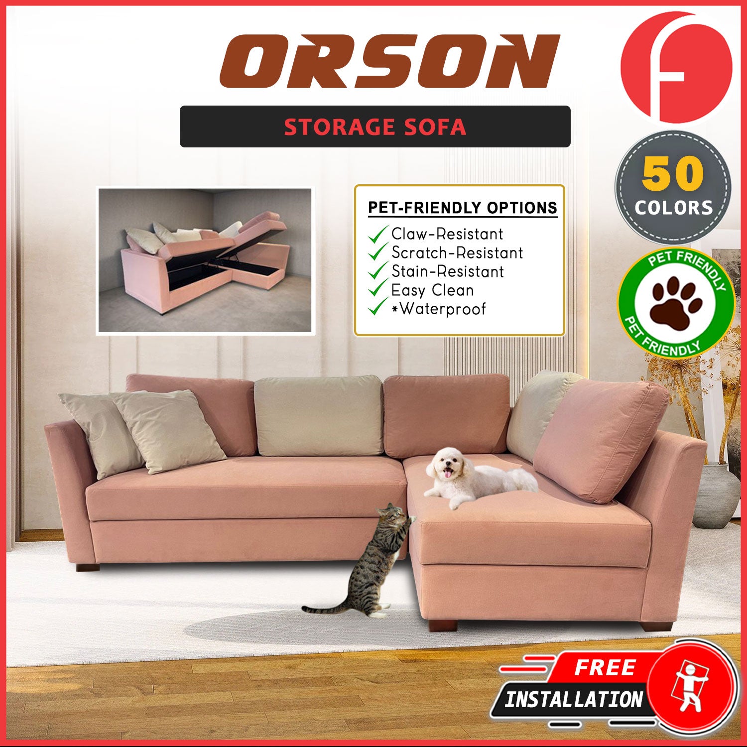 Orson 3-Seater L-Shaped Sofa with Storage High Density Foam w/ PetFriendly Options
