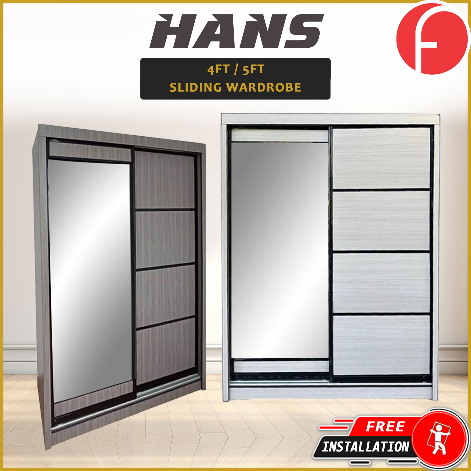 Hans Series 4FT/5FT 2-Door Sliding Door Wardrobe in White Wash or Dark Grey