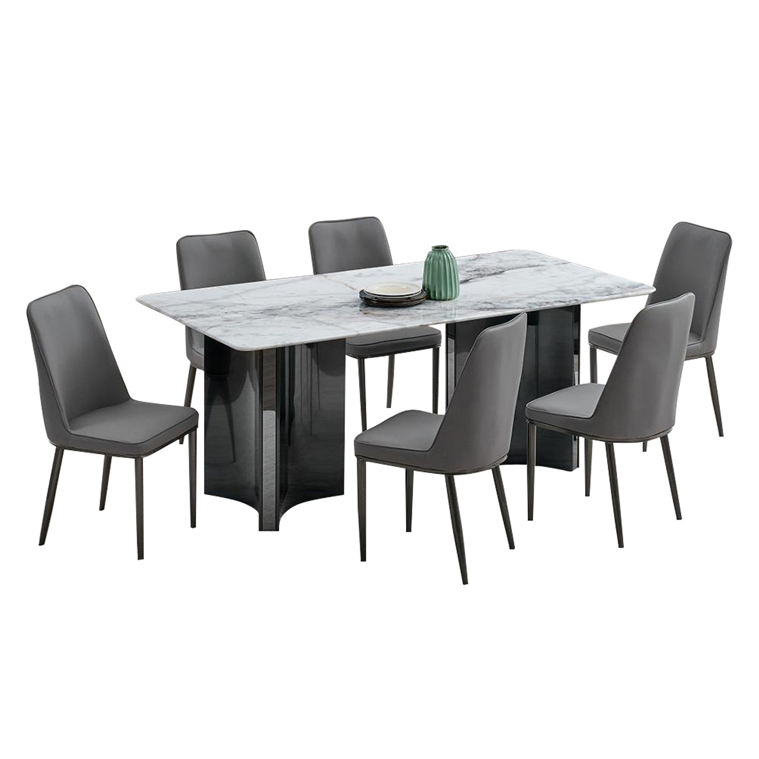 Lyron 1+6 Dining Set Marble Table with PU Leather Chair