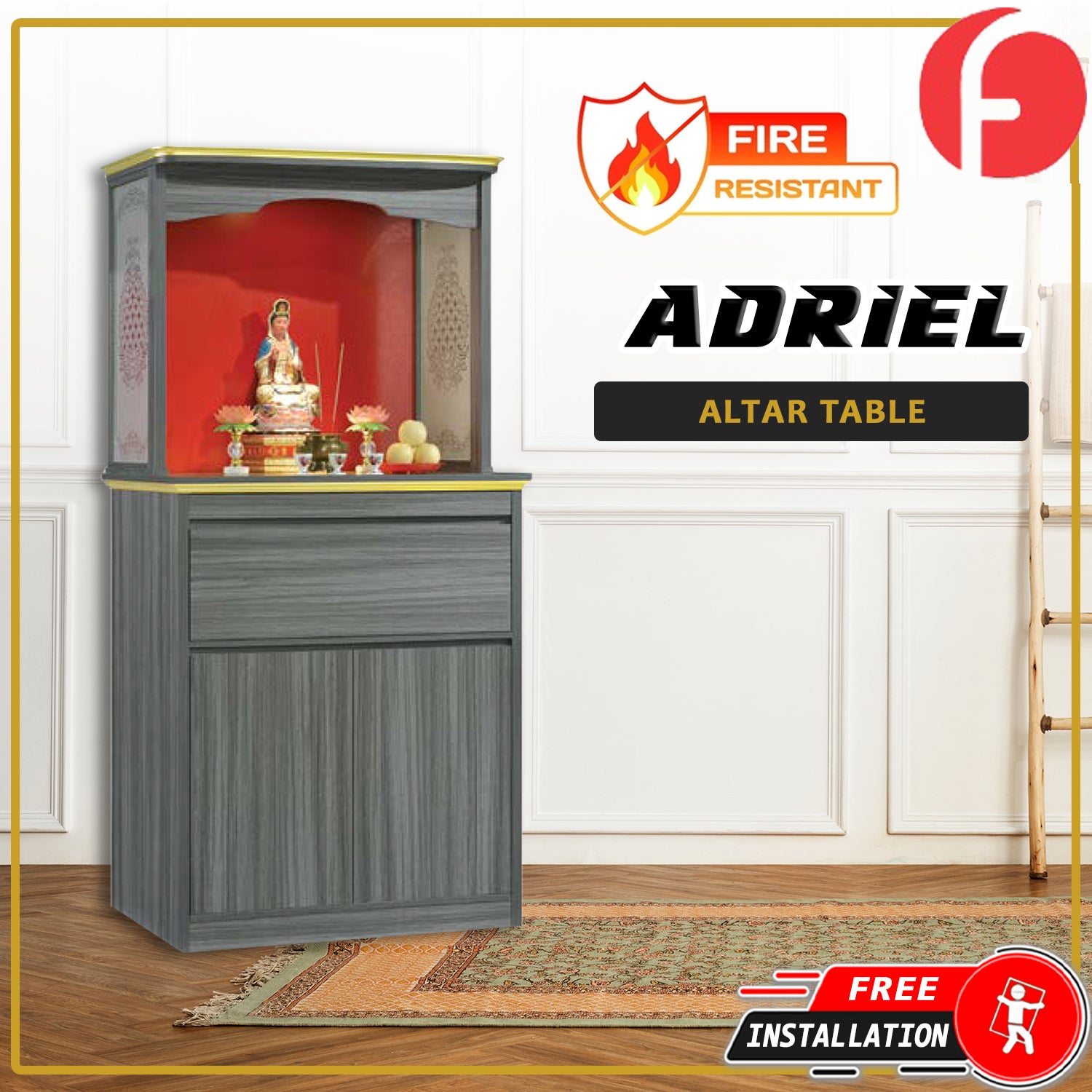 Adriel Oriental Altar Table with Top Altar Cabinet Fire Resistant Altar Cabinet