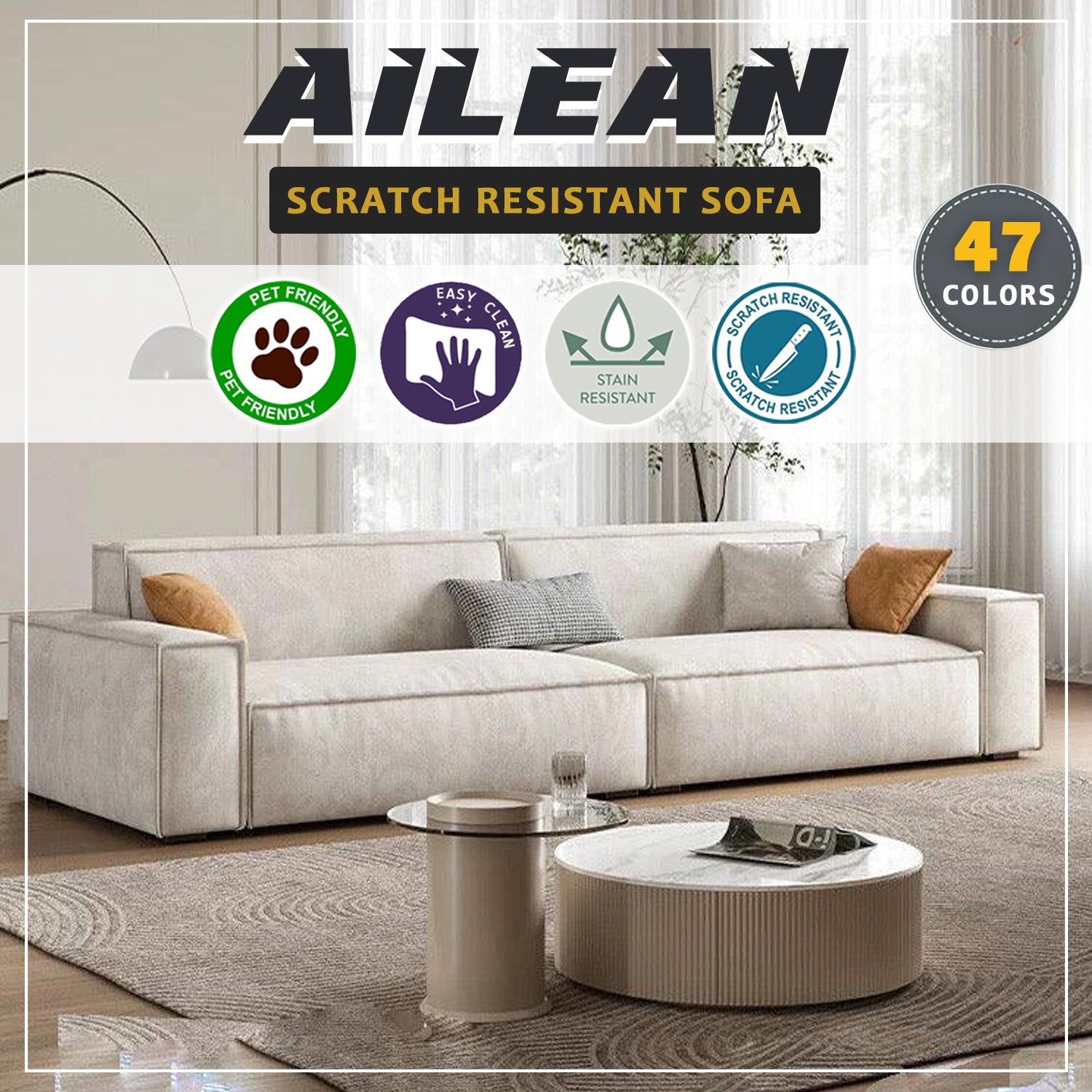 Ailean 1/2/3/4-Seater Sofa with Stool in 47 Colour - w/ PetFriendly Scratch Resistant Option